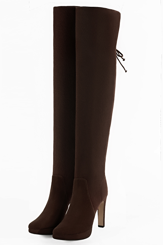 Dark brown women's leather thigh-high boots. Tapered toe. Very high slim heel with a platform at the front. Made to measure - Florence KOOIJMAN